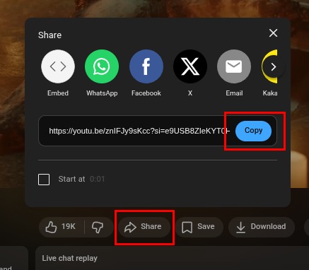 How to get YouTube video link using share button?